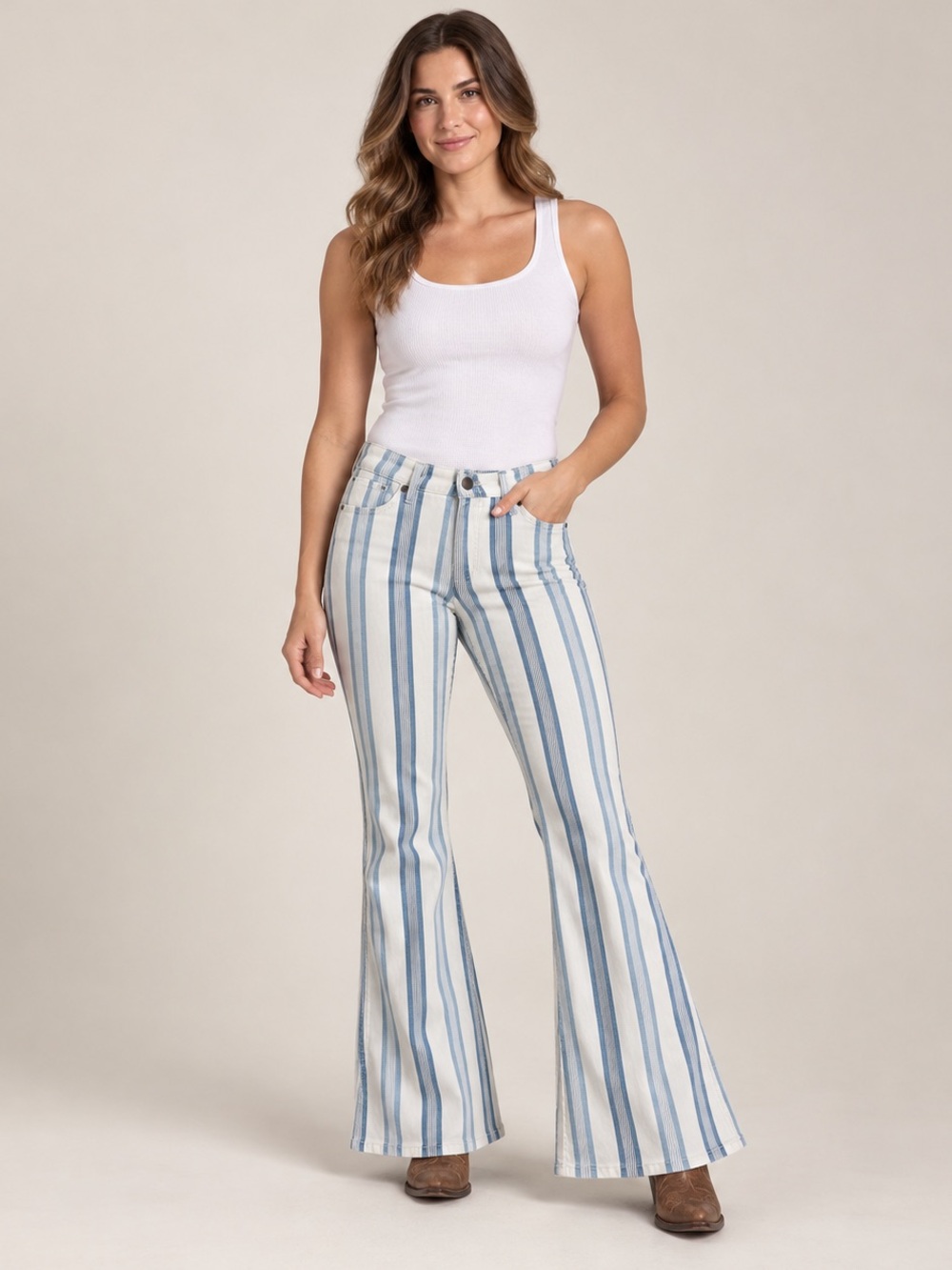 Wrangler Retro Women’s 30x32 Blue White Stripe Flare Jeans Western NWOT